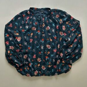 Ann Taylor Blue Floral Ruffle Blouse Long Sleeve Lightweight Size M